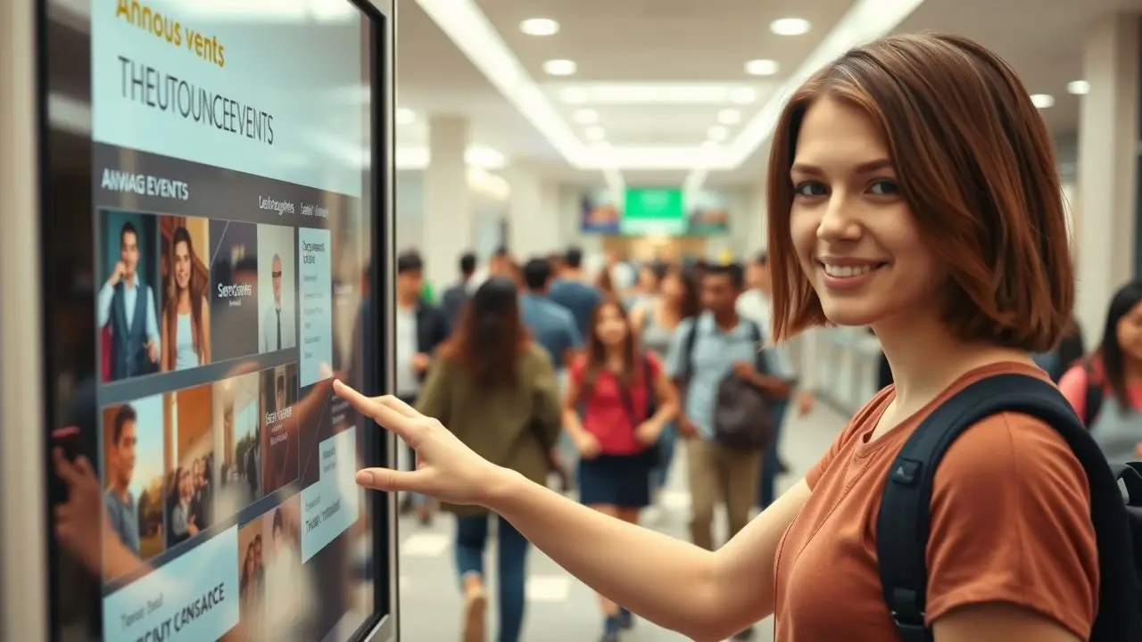 A college student interacts with a digital signage display in a busy university hallway.
