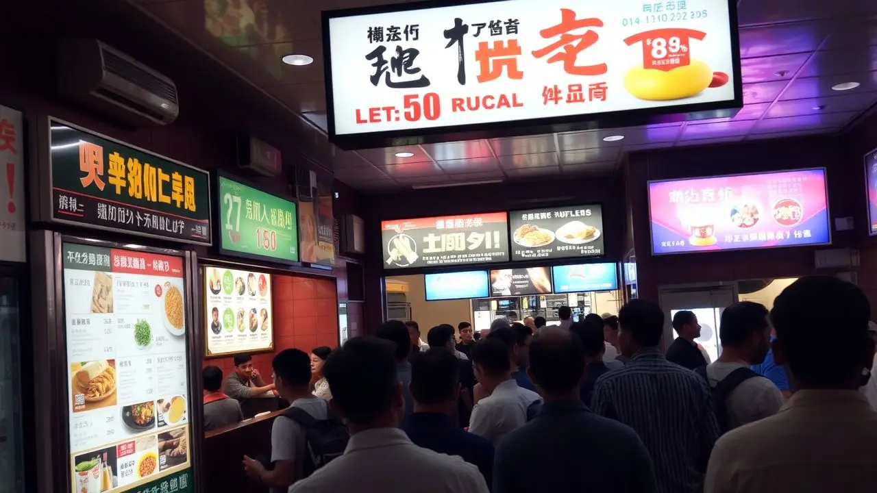 A busy restaurant with vibrant digital menus and a cozy ambiance.