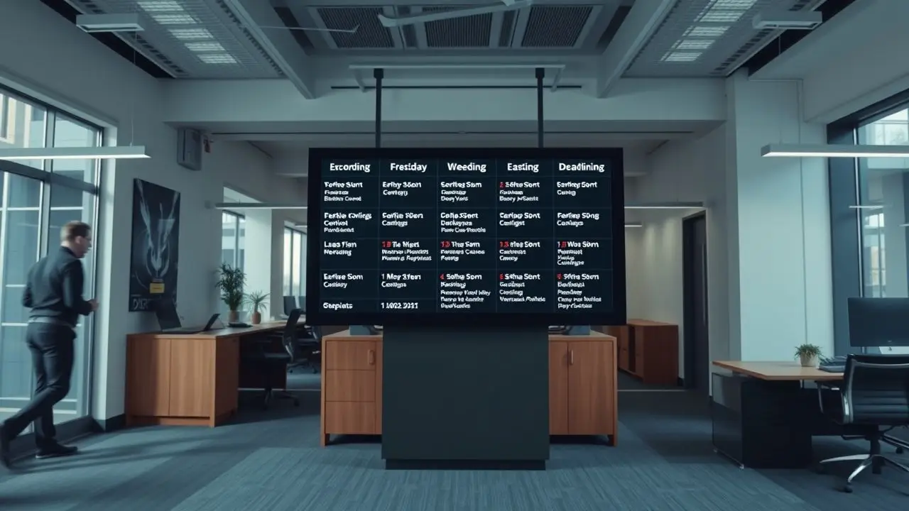 A modern office space with a large digital schedule display.