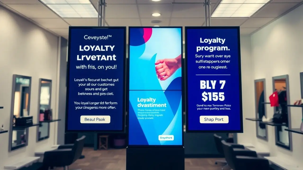 A modern beauty salon with digital screens promoting loyalty program benefits.