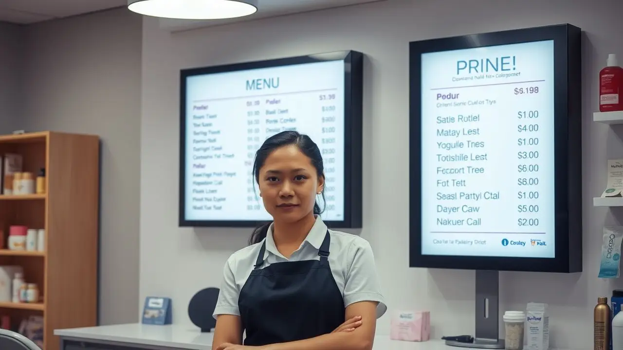 Employee updating nail salon menu and pricing on digital sign.