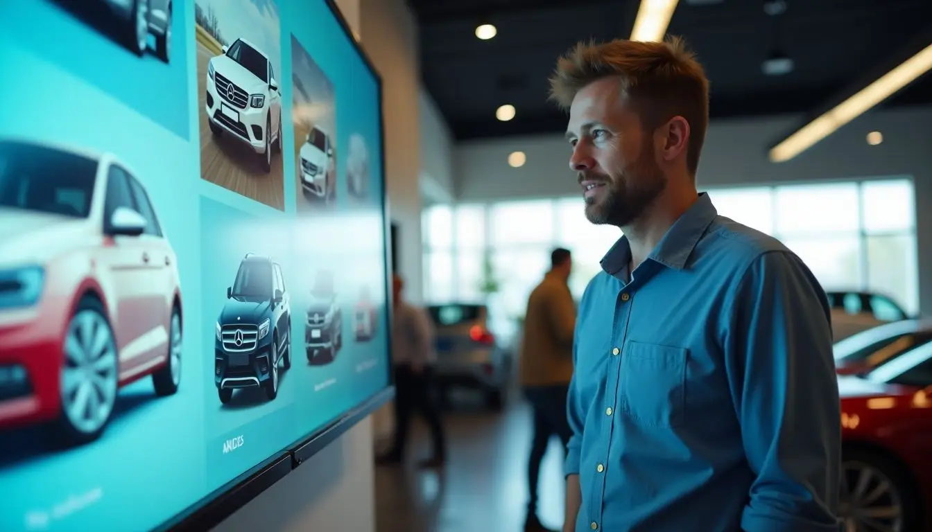A man in casual attire talking to a digital signage in a car dealership showroom.