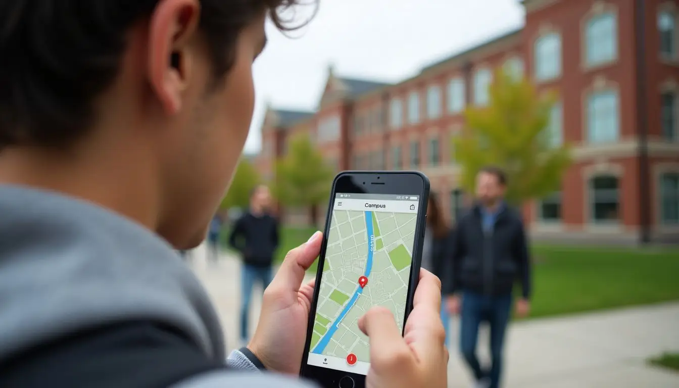 A college student uses a mobile app to navigate campus.