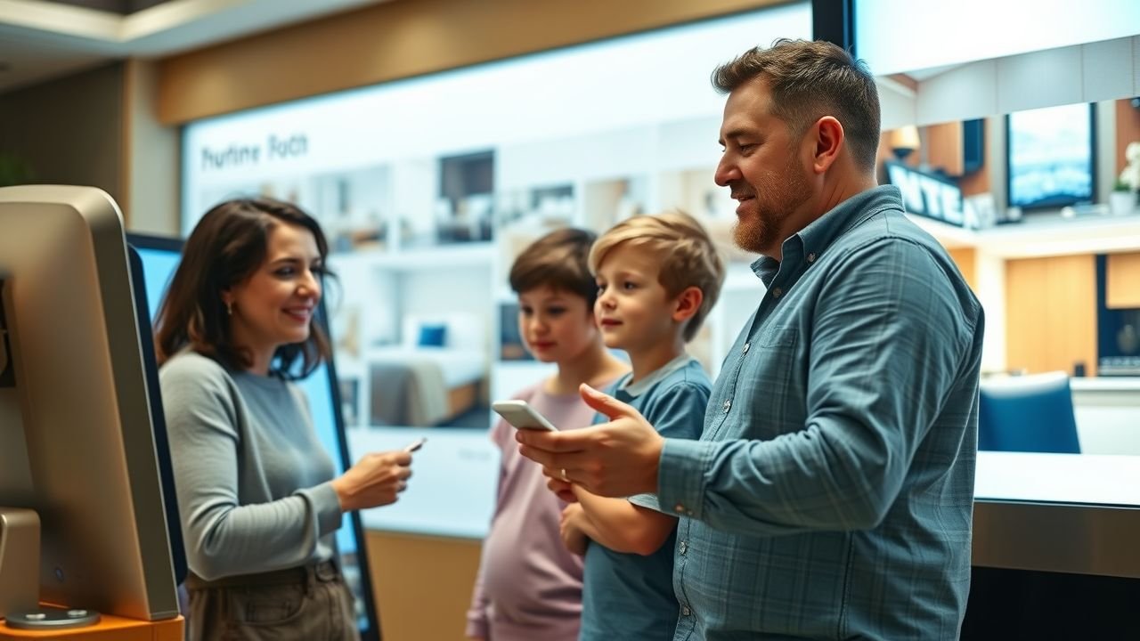 A family of four looks at a digital map in a hotel lobby.