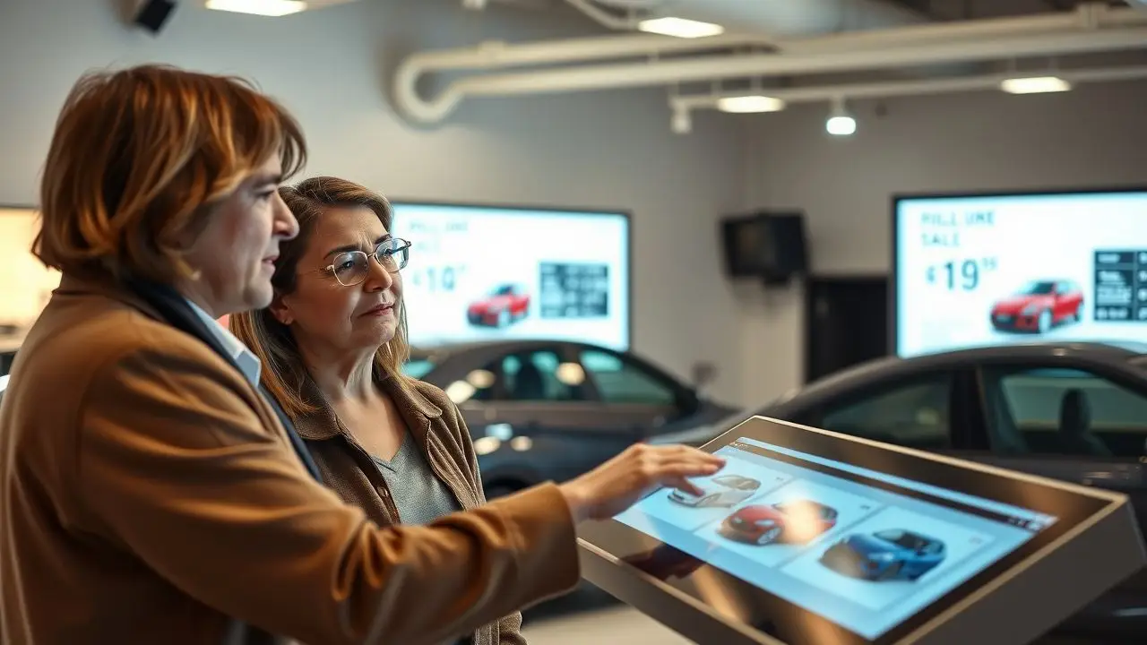 A middle-aged couple browsing cars at an auto dealership showroom.