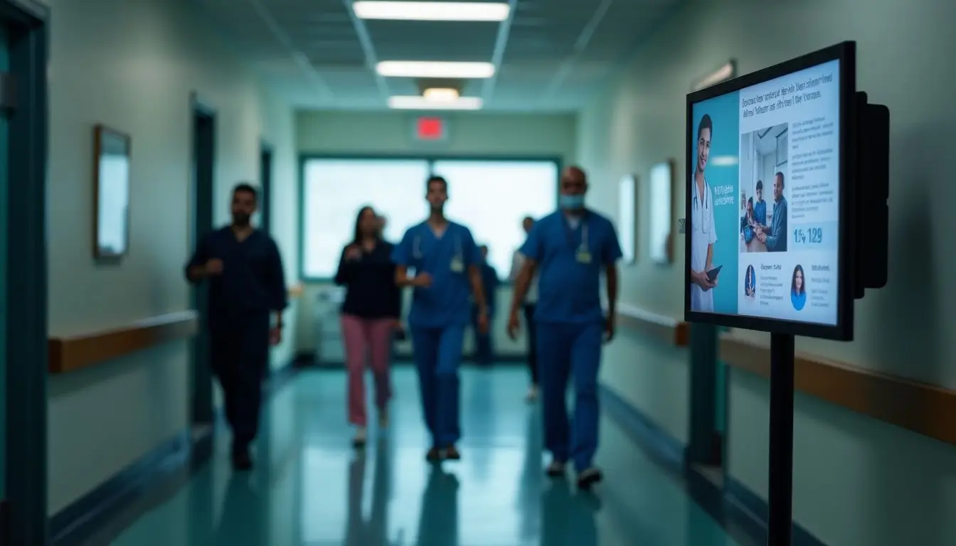 A digital signage display in a hospital hallway with custom content.