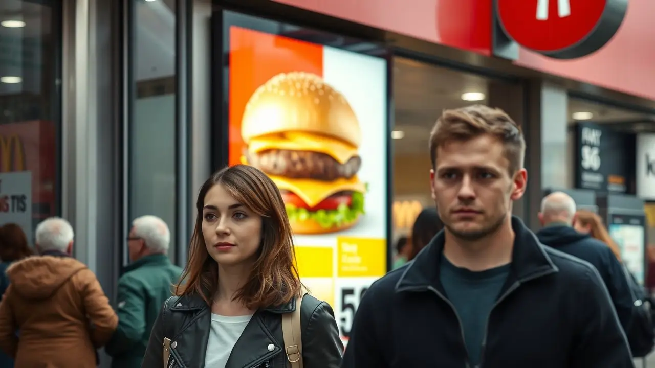 Customers walking into a fast food restaurant with a burger combo special.