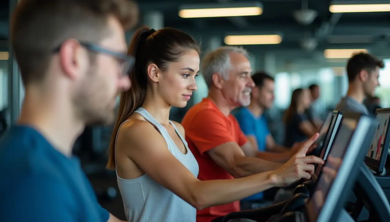 A busy gym with people using personalized fitness screens. A busy gym with people using personalized fitness screens.