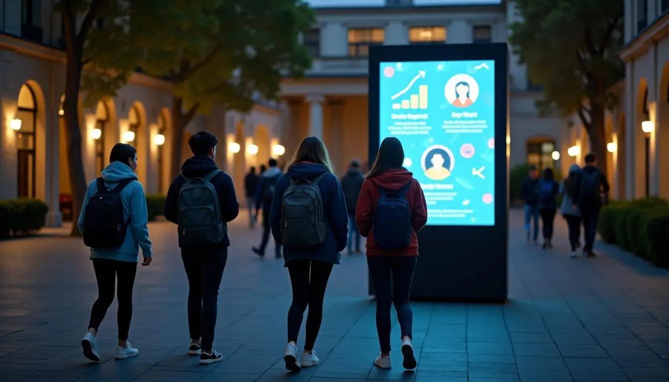 University campus courtyard digital screen engages students with interactive information.