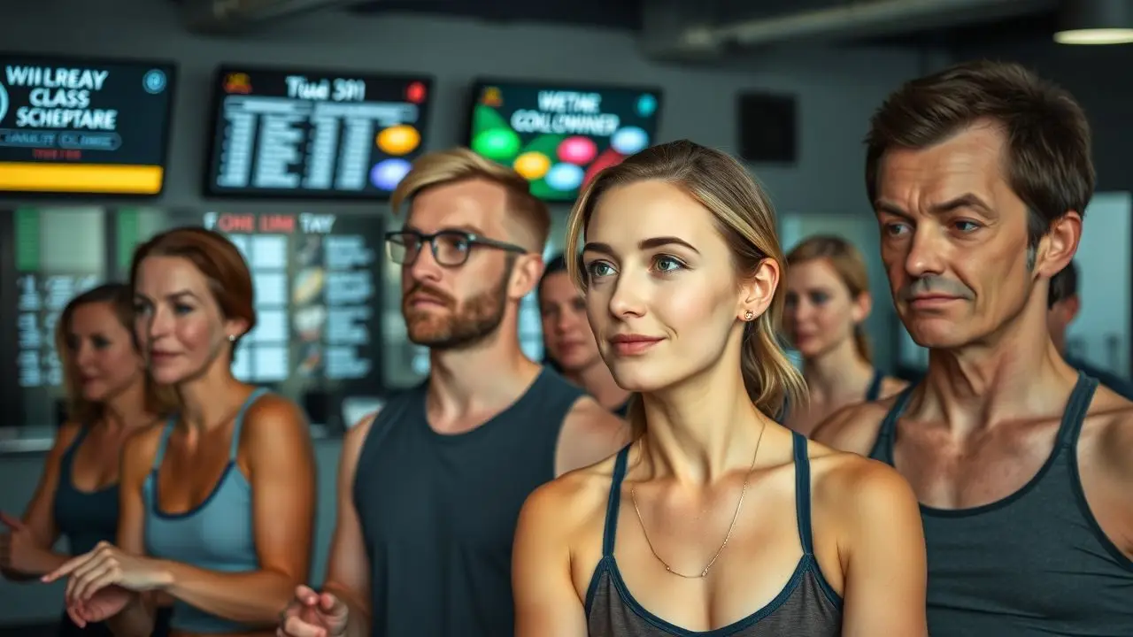 A group of adults taking part in a fitness class at the gym.
