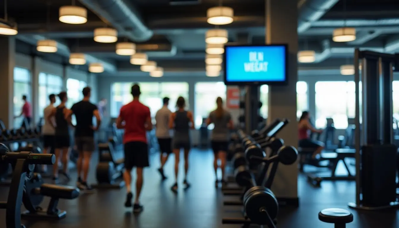 A fitness center with digital signage promoting health and fitness products. A fitness center with digital signage promoting health and fitness products.