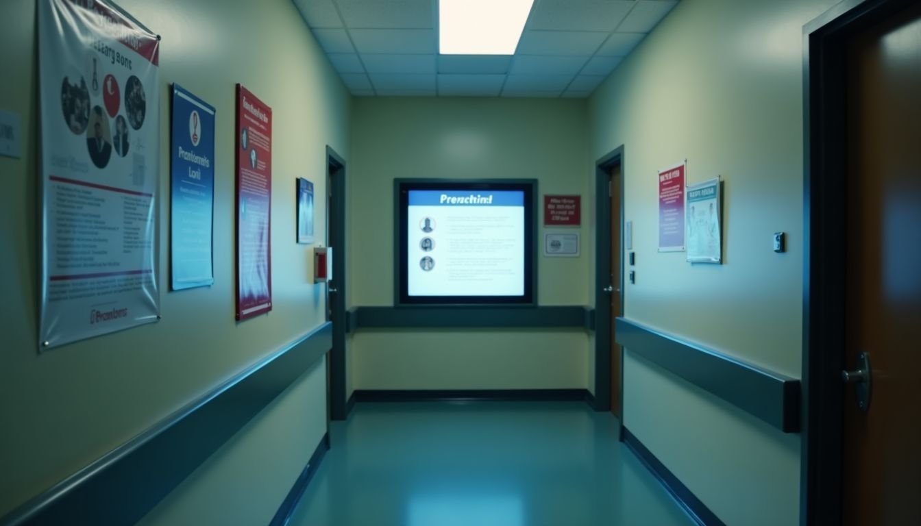 A hospital hallway with patient updates and medical posters. A hospital hallway with patient updates and medical posters.
