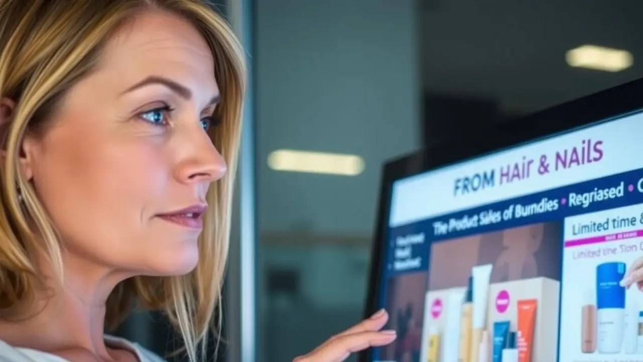 A woman in her 30s looking at promotions on a salon screen.