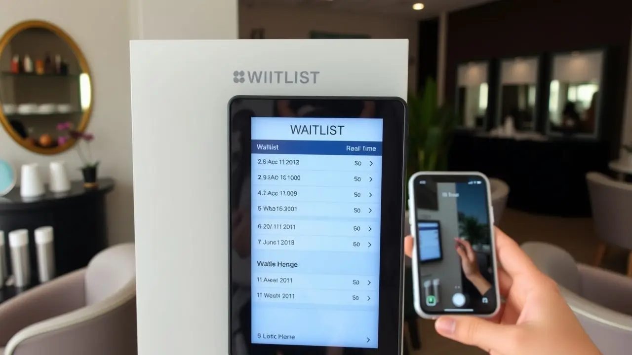 A digital display board at a salon updates the waitlist in real-time.