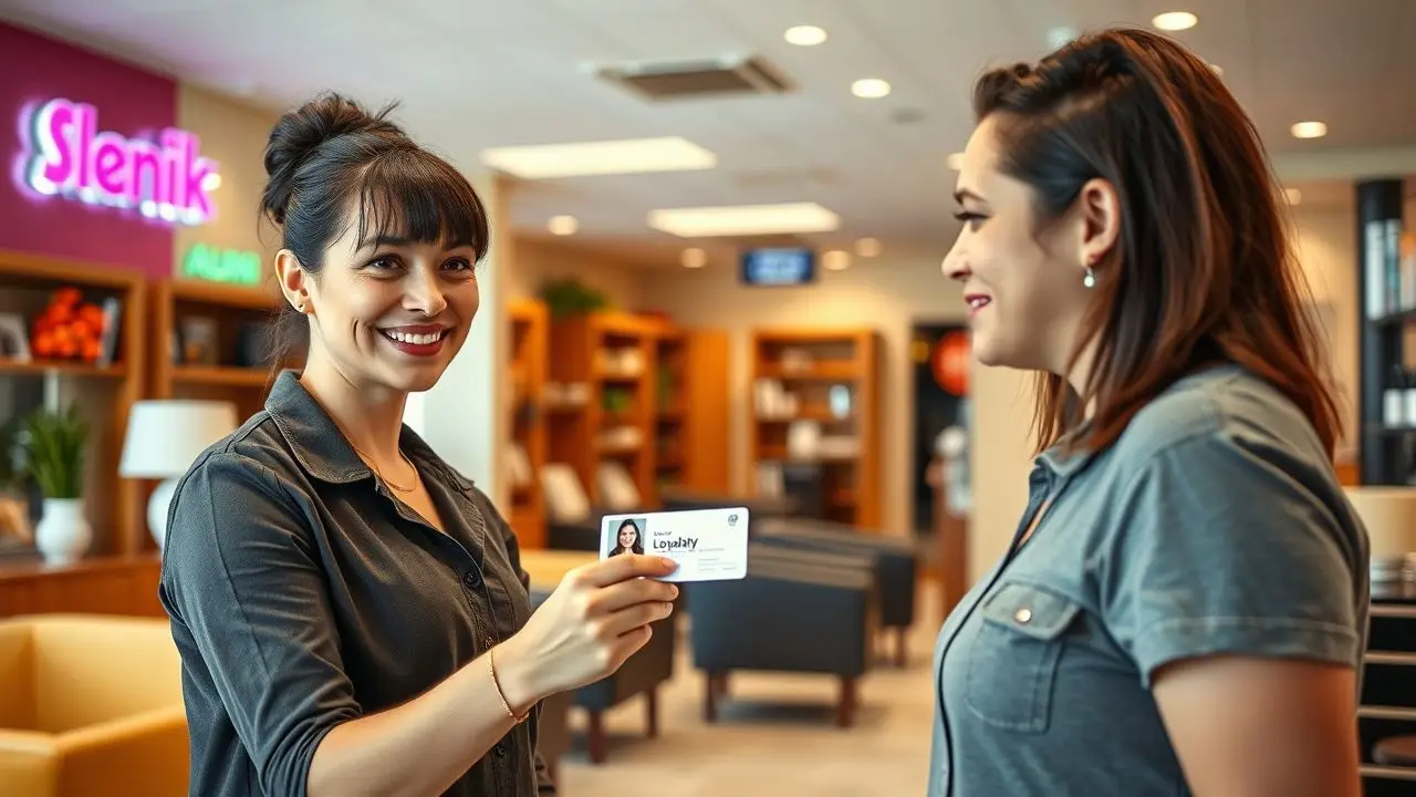 A salon receptionist gives a loyalty card to a regular customer.