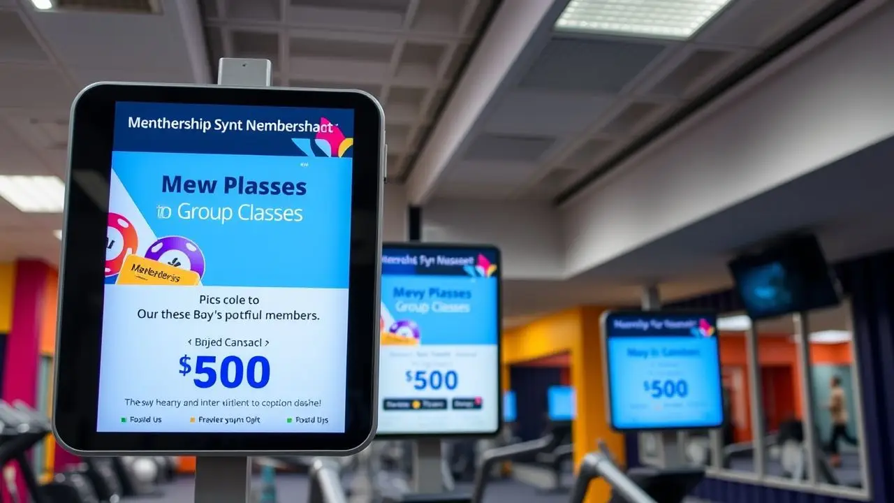 A gym's digital display shows promotions for memberships and group classes.