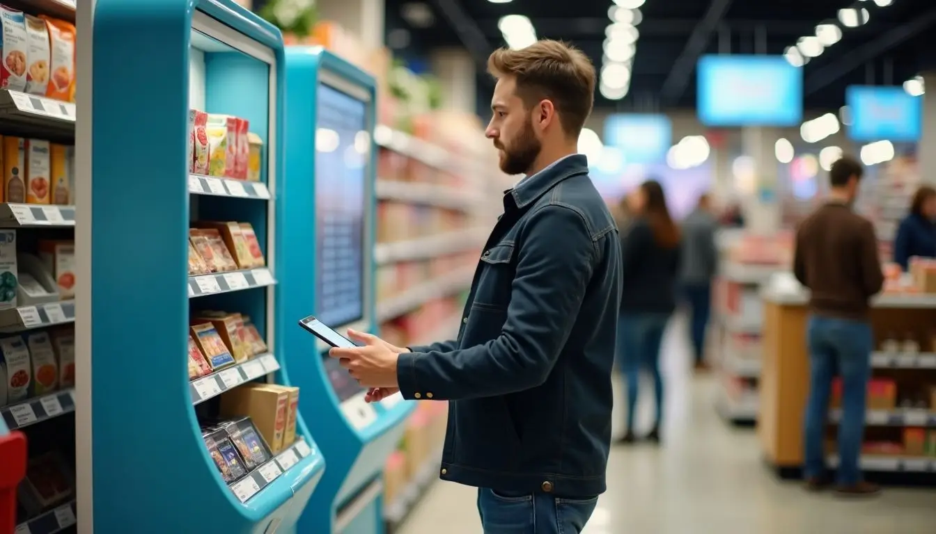 A self-service kiosk in a retail store displaying various products. A self-service kiosk in a retail store displaying various products.