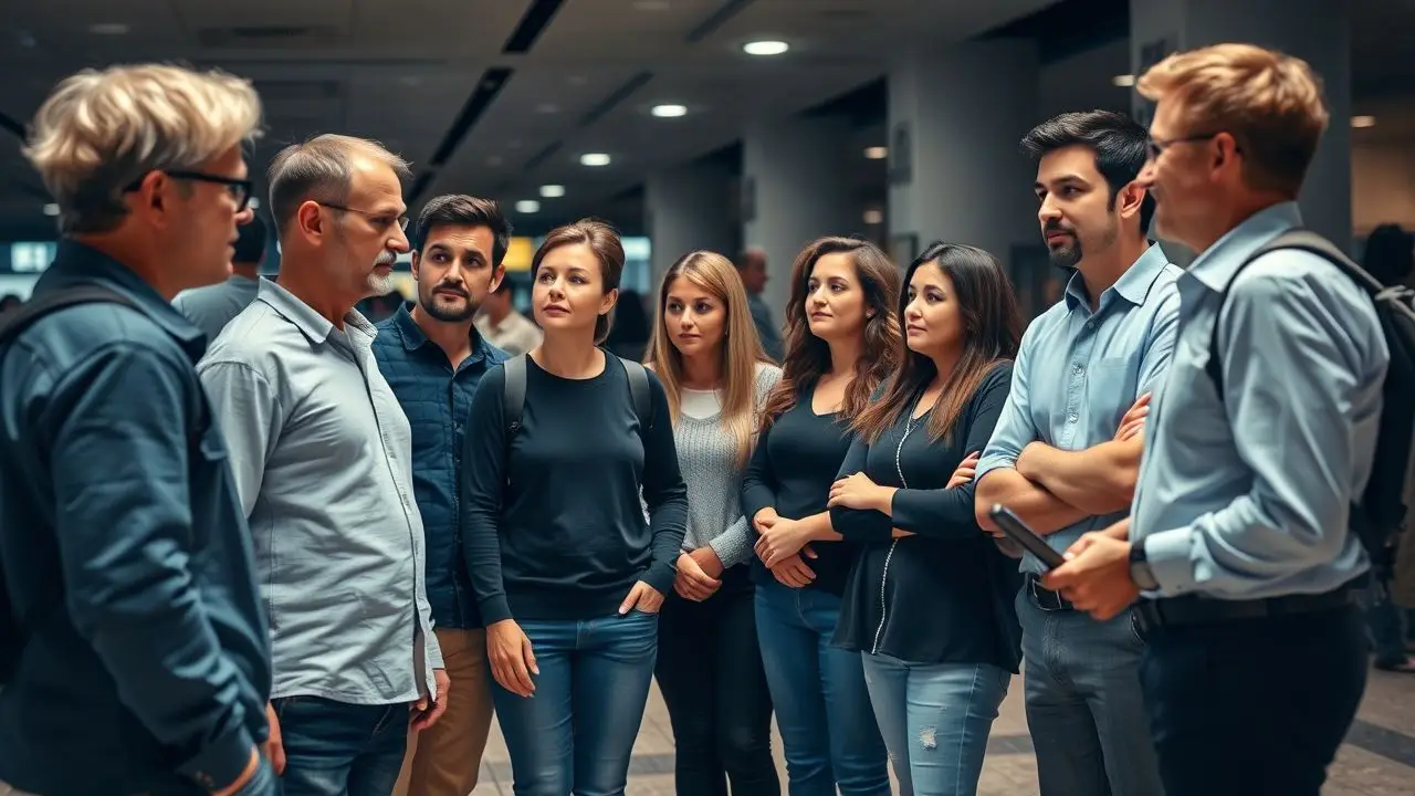 A diverse group of adults in casual clothing looking at a digital display in a busy lobby.