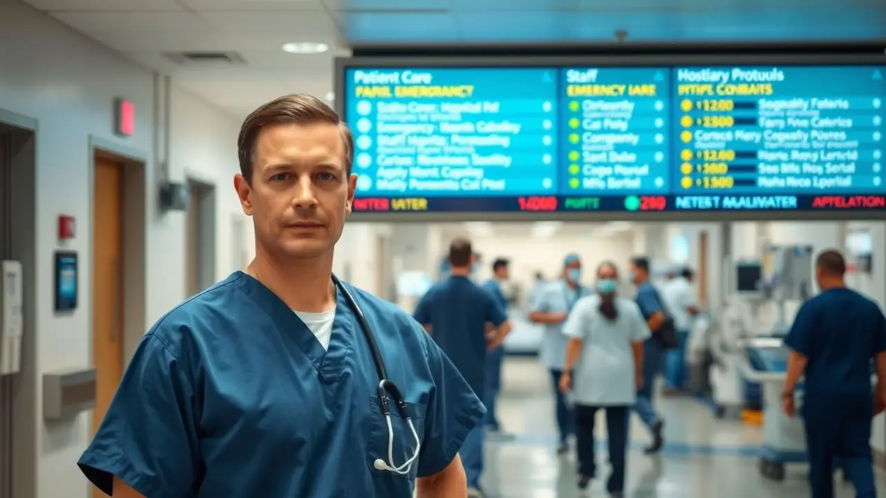 A hospital staff member stands in a busy hallway with digital information board. A hospital staff member stands in a busy hallway with digital information board.