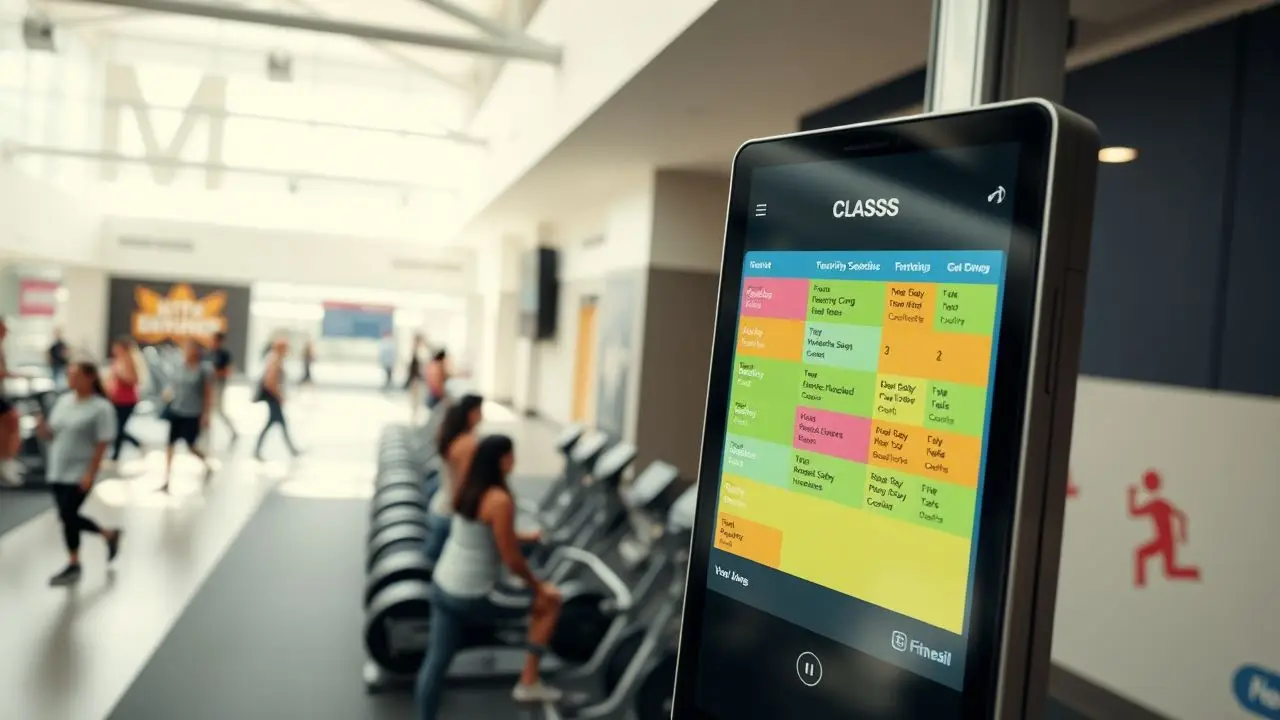 A digital signage screen displays a colorful gym class schedule. A digital signage screen displays a colorful gym class schedule.