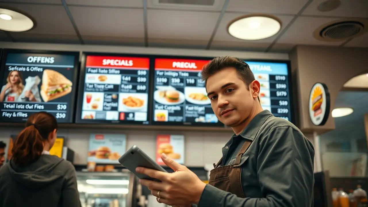 A fast-food restaurant digital menu board with real-time analytics and promotions.