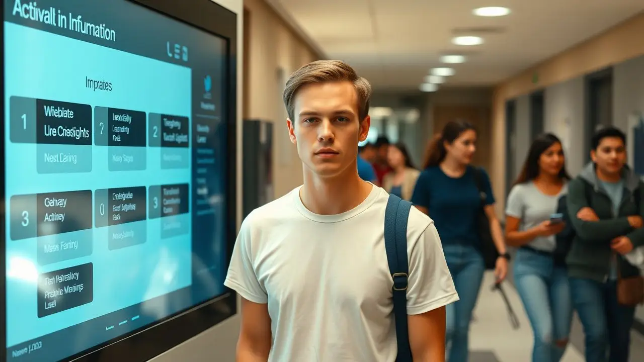 A digital information screen in a university hallway shows campus updates.
