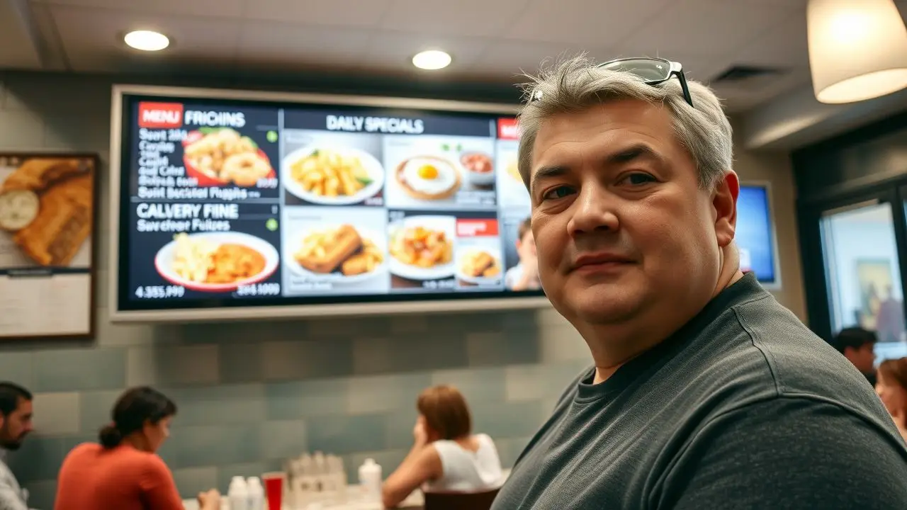 A busy modern restaurant with digital menu board and casual atmosphere.