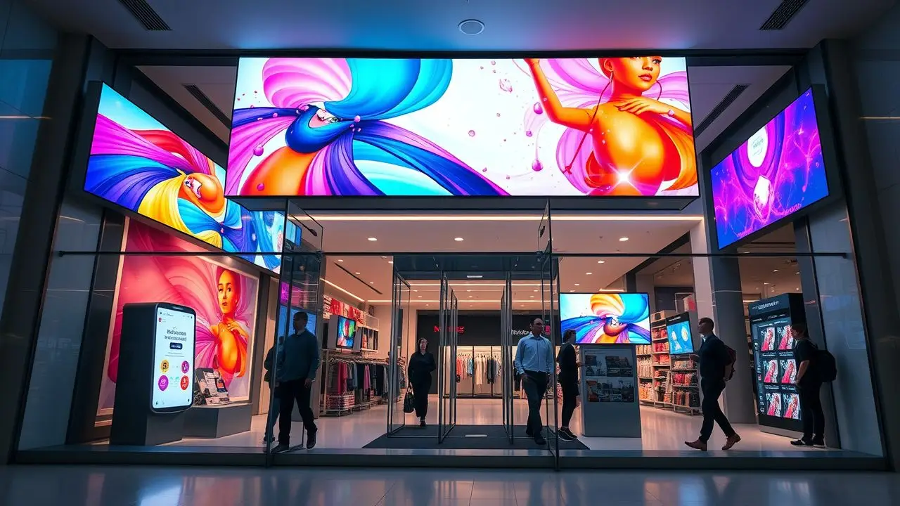 A modern storefront with interactive digital displays and colorful video walls. A modern storefront with interactive digital displays and colorful video walls.