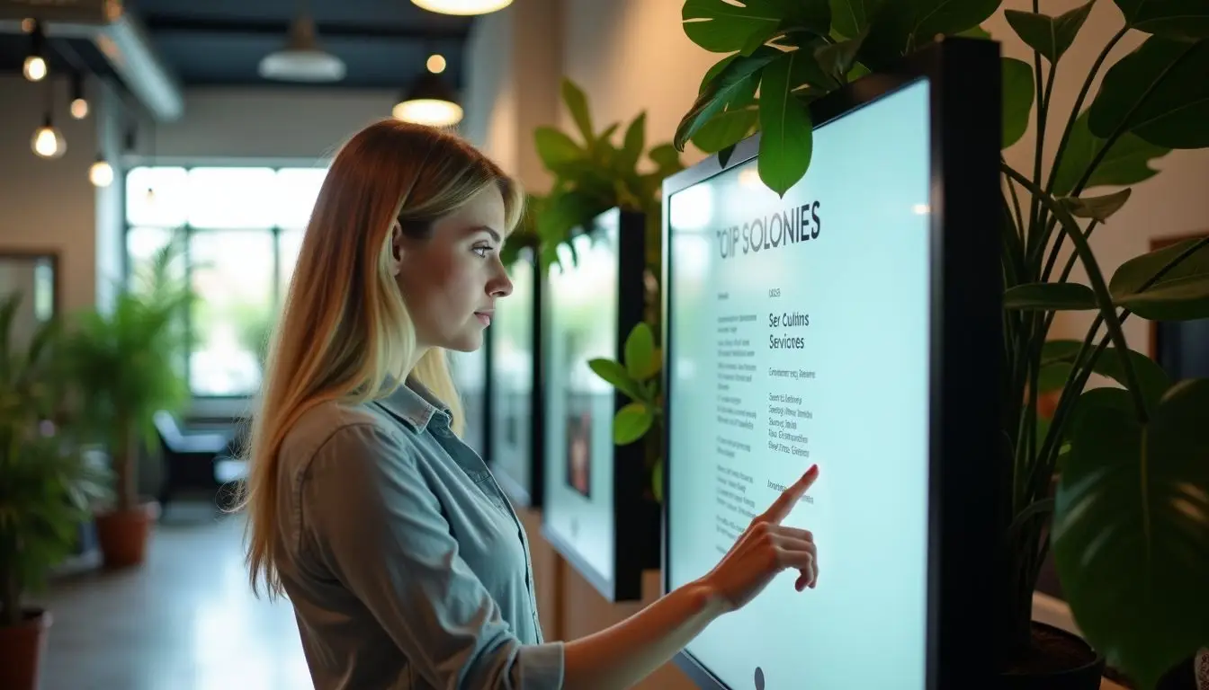 A woman interacts with digital displays at an eco-friendly salon.