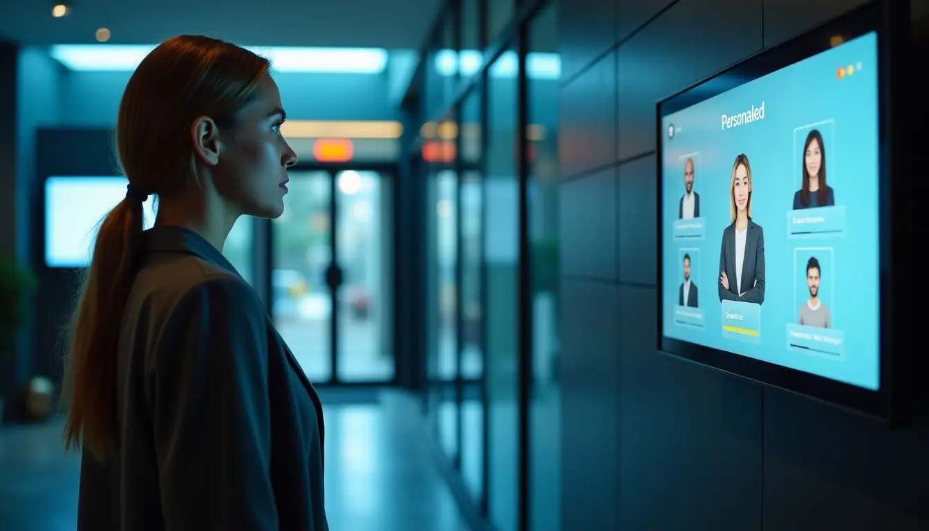 A woman interacts with a digital display in a modern office lobby.