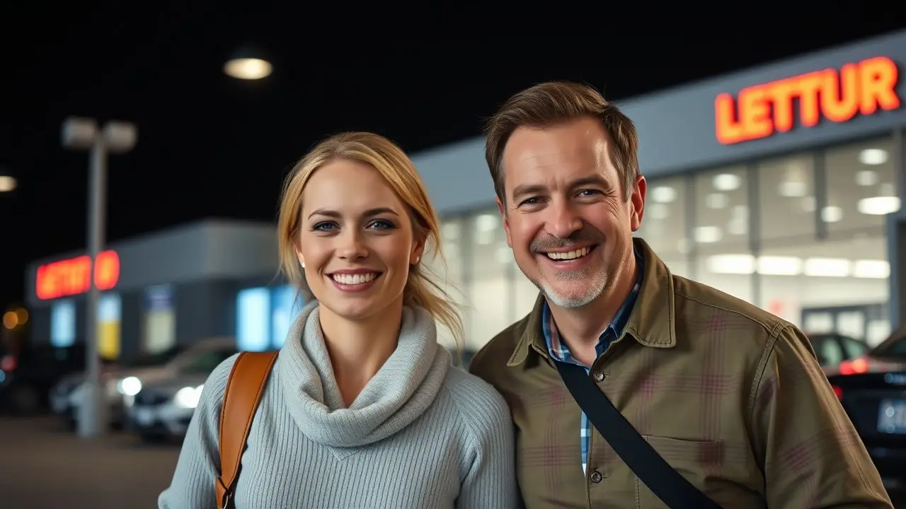 A couple in their mid-30s walking towards a car dealership.