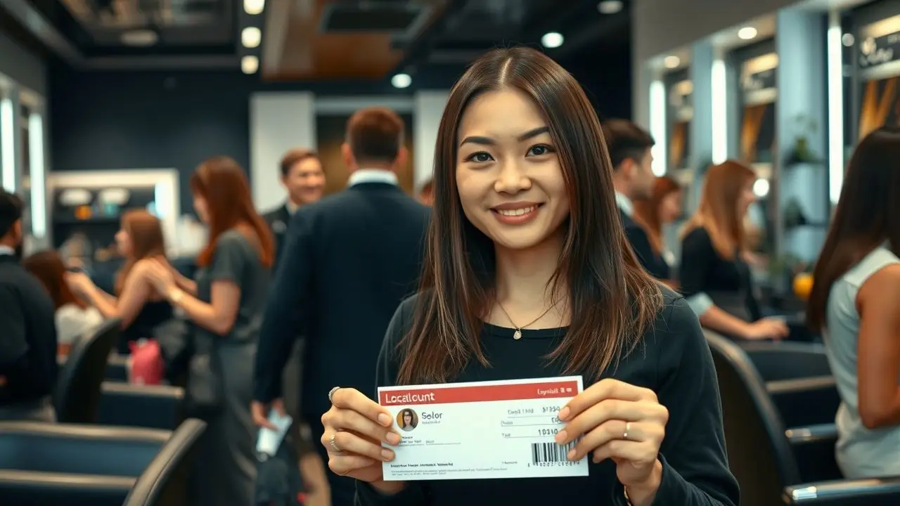 A loyal customer receiving special discount in a modern salon.
