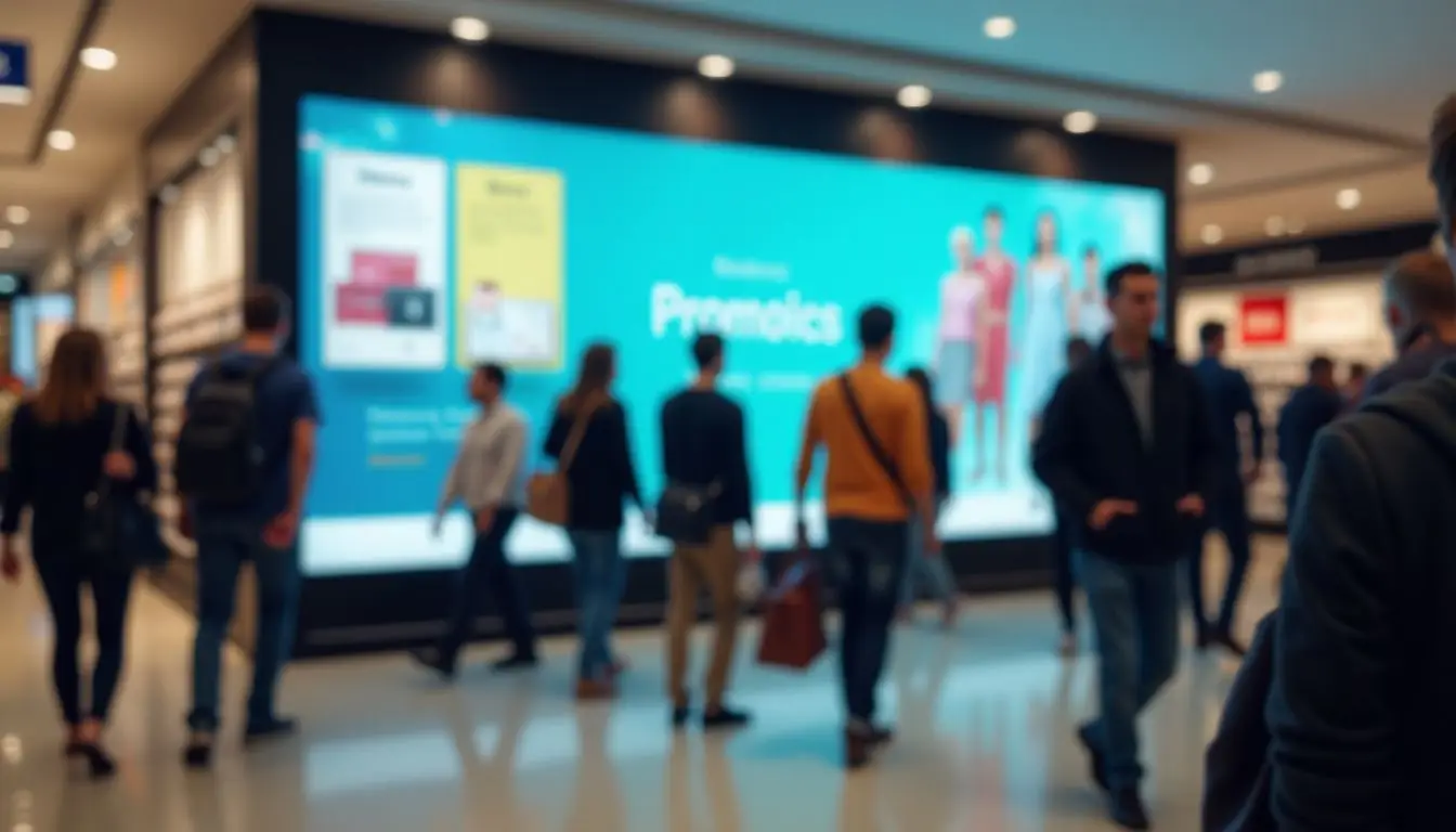 A busy retail store with modern decor and colorful digital signage. A busy retail store with modern decor and colorful digital signage.