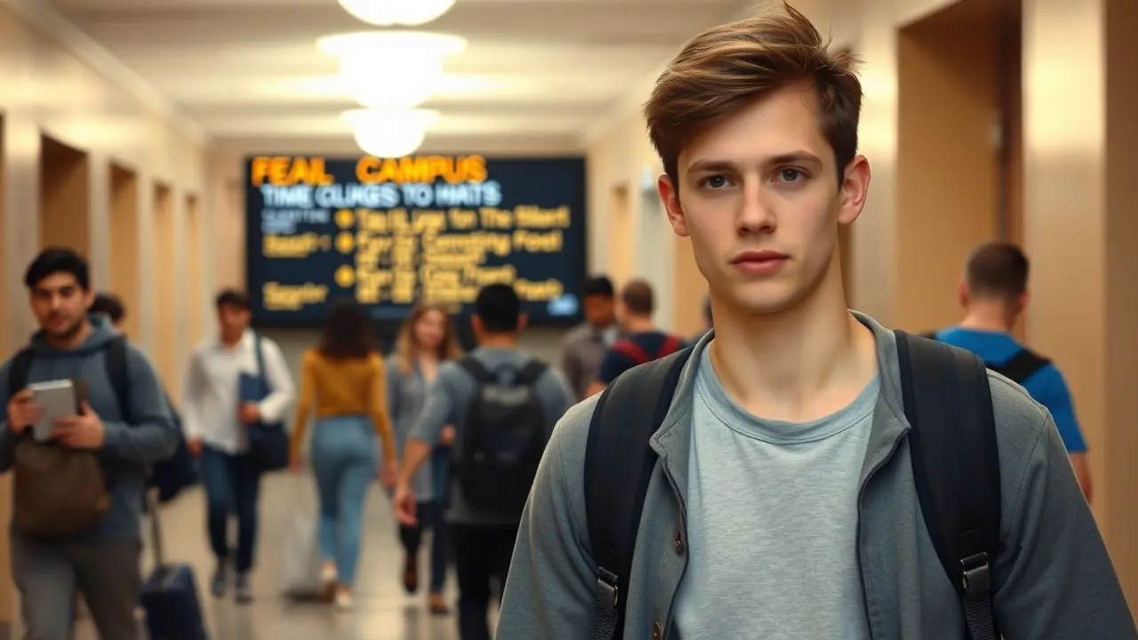 A college student walking through a busy university hallway.