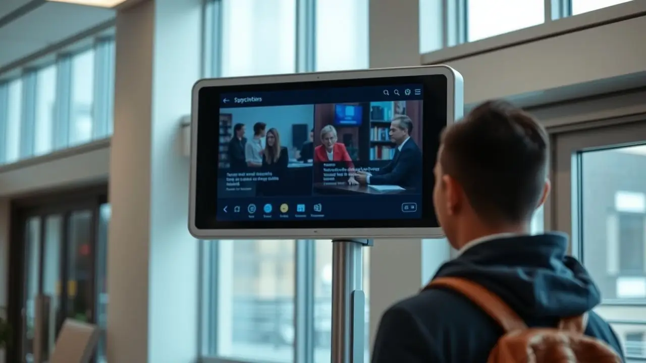 A digital signage display with interactive content on a metal stand.