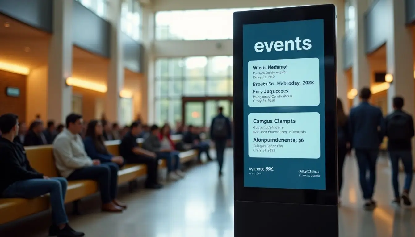 A digital signage display in a college student center sharing campus updates.