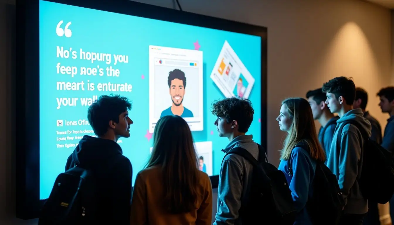 Students interacting with college campus digital sign for announcements and engagement.