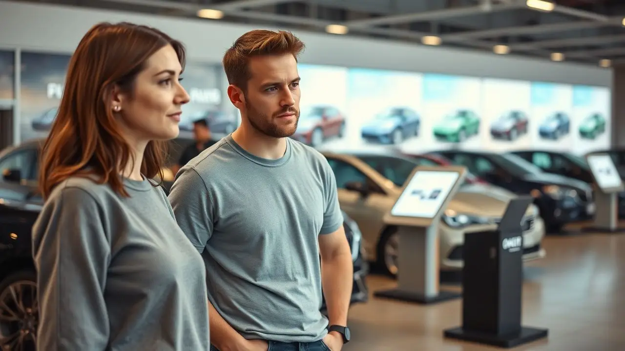 A couple looking at digital signs at a car dealership. A couple looking at digital signs at a car dealership.