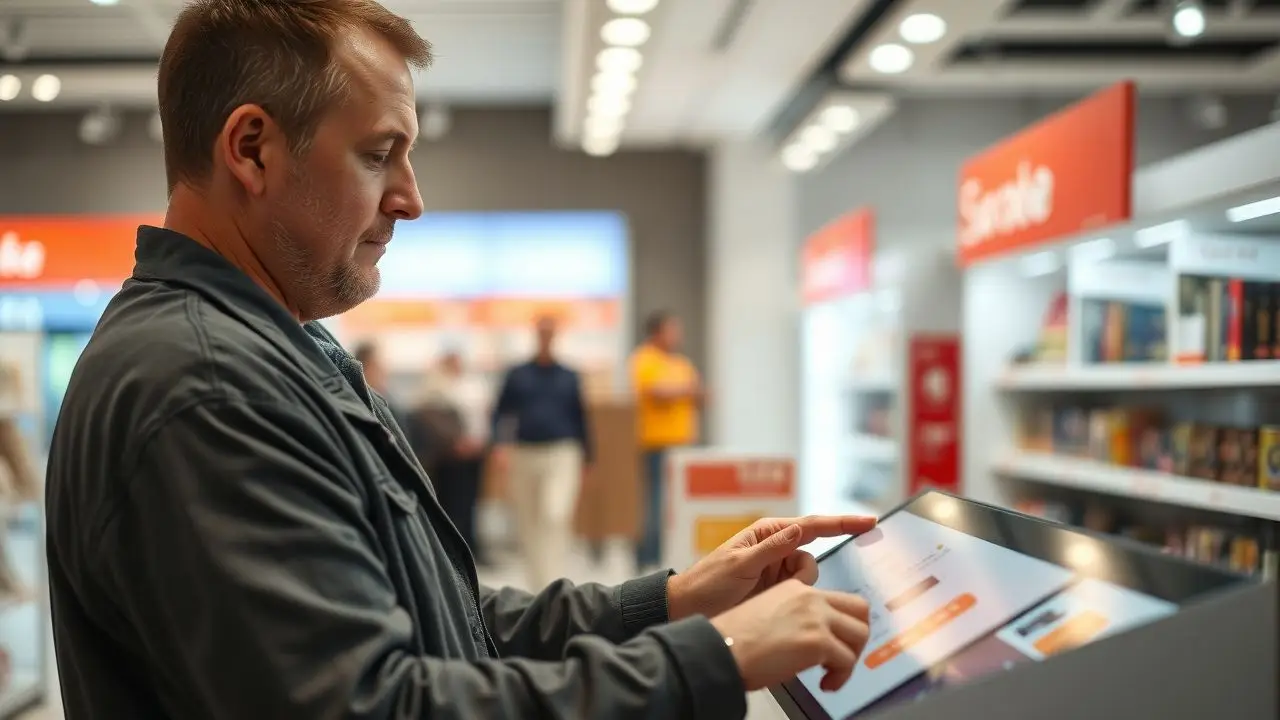A man using a touchscreen display in a retail store.