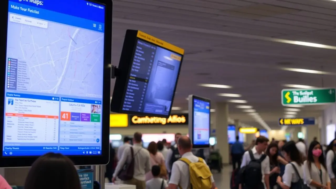 Digital signage board in a busy airport terminal with maps and menus.