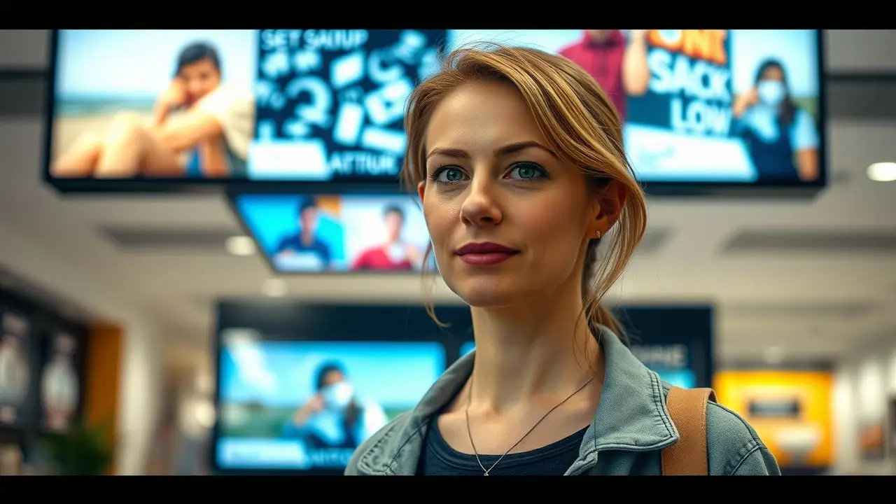 A mid-30s woman stands in front of a digital signage in a retail store.