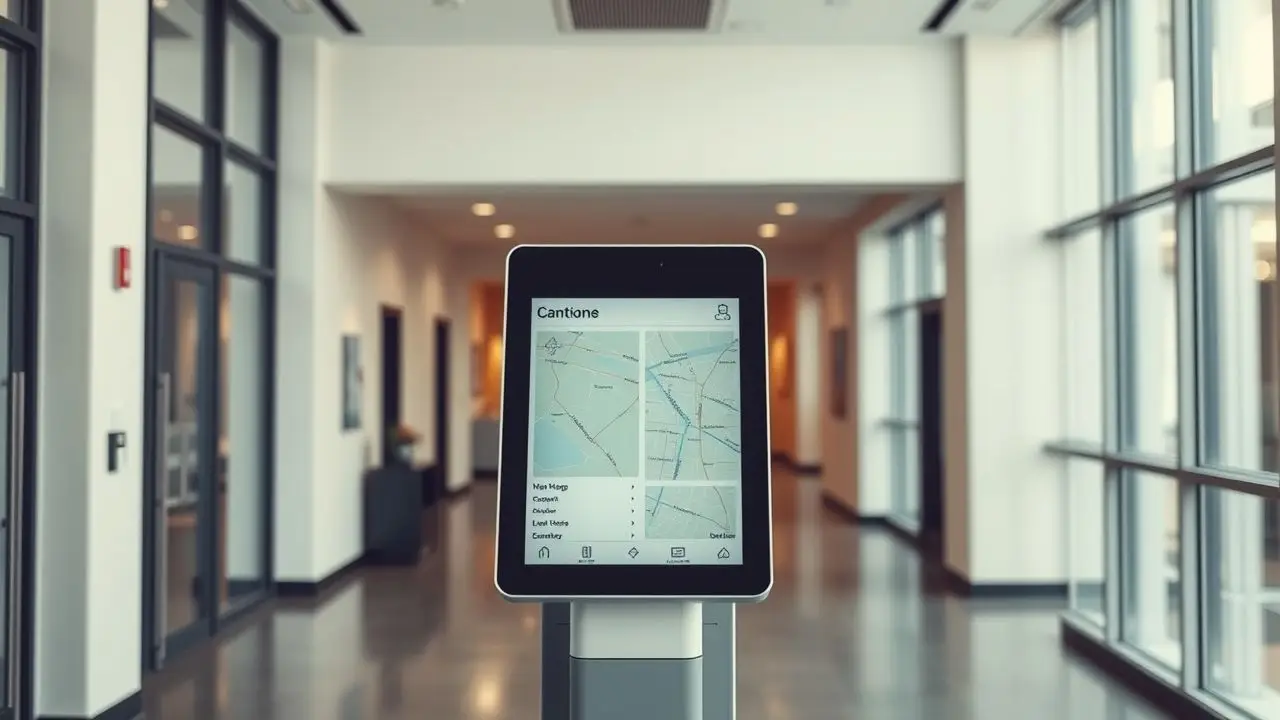 A digital kiosk in an office lobby for easy navigation.
