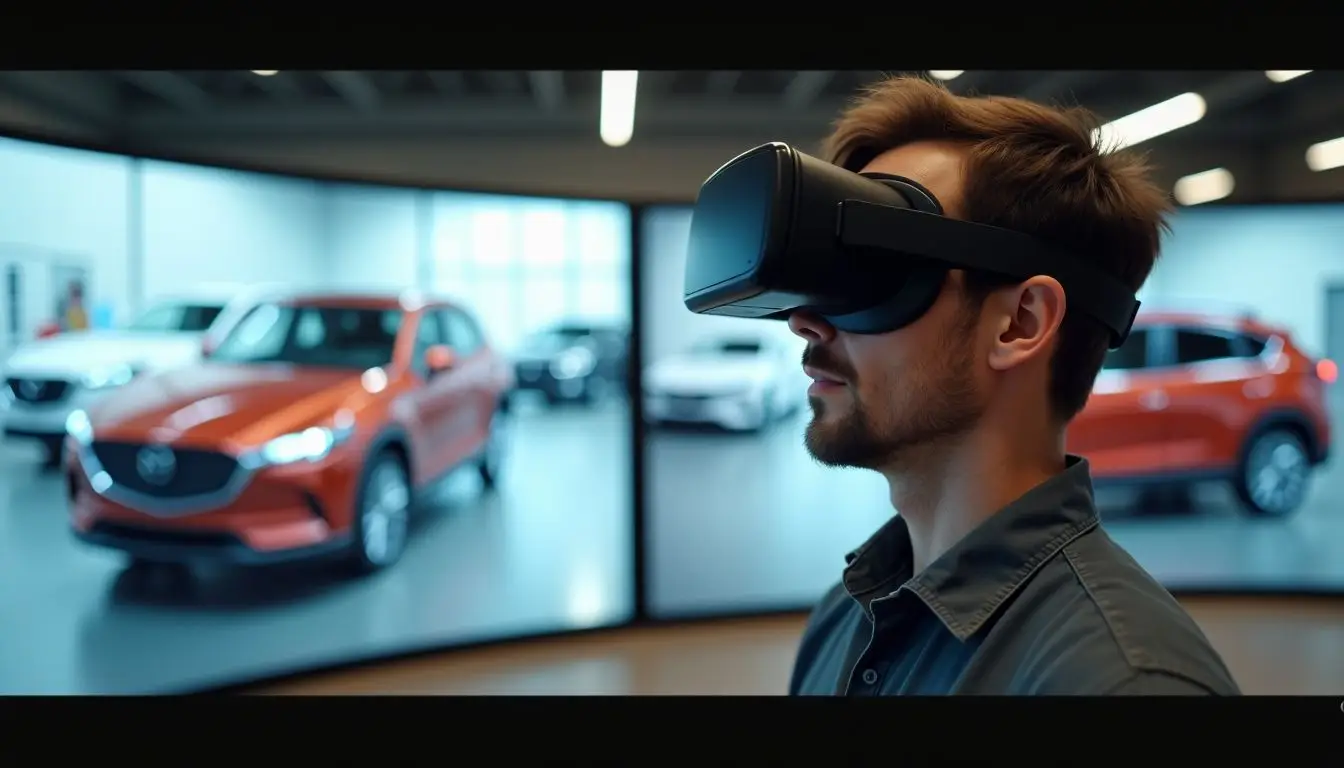 A customer in their 30s is trying out a VR car showroom.