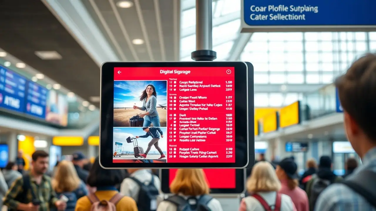 A digital signage display in a bustling airport terminal.
