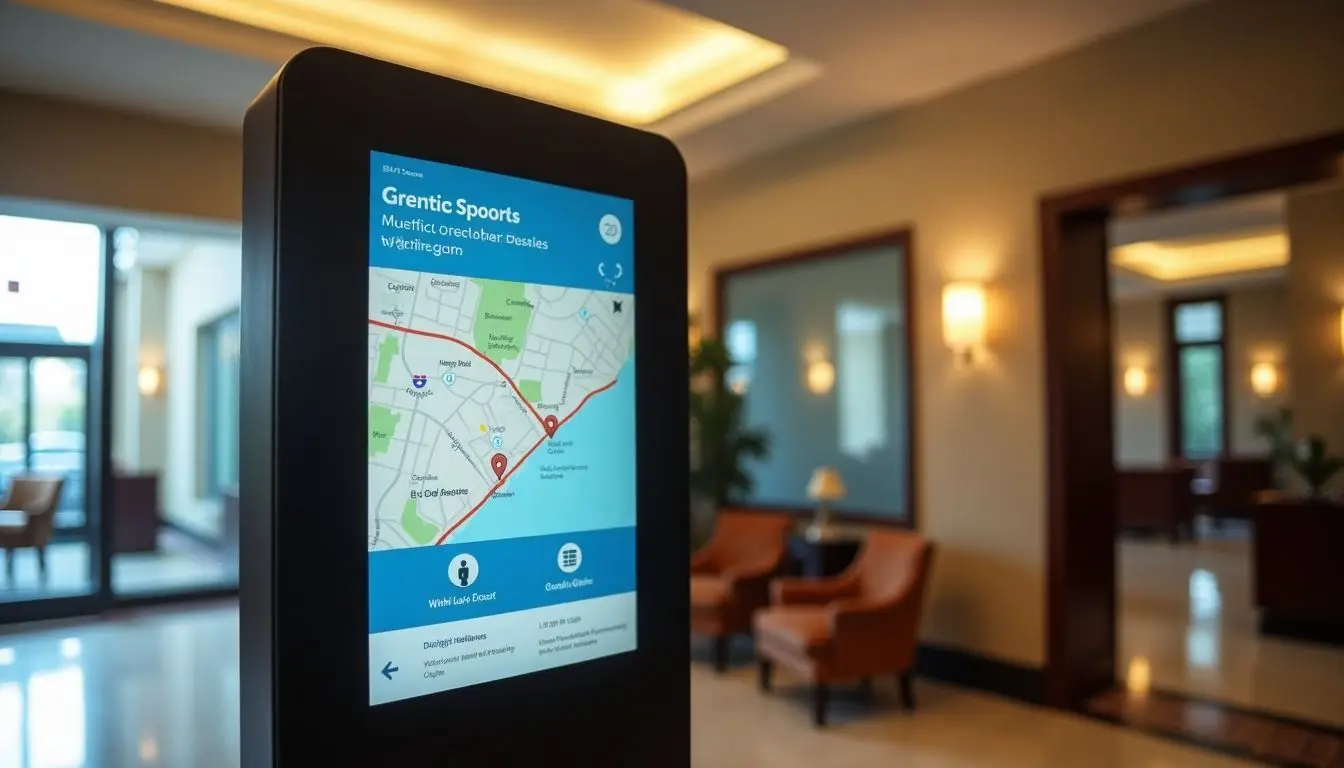 A digital wayfinding kiosk in a hotel lobby displaying map and directions.