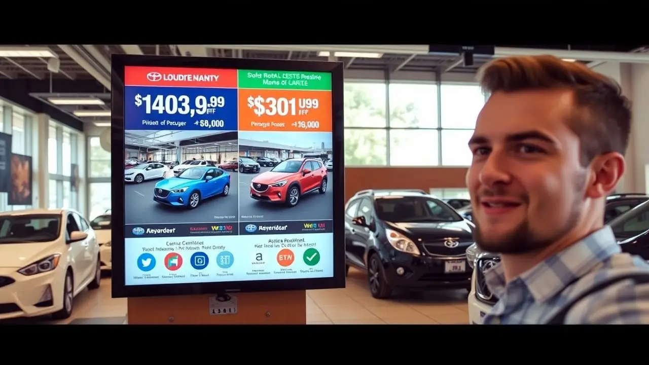 A digital signage display in a dealership showroom shows car prices. A digital signage display in a dealership showroom shows car prices.