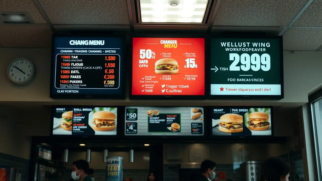 Fast-food restaurant interior with digital menu signs and special promotions.