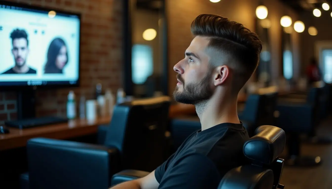 The male customer in a modern barber shop is viewing styling inspiration on a digital screen. The male customer in a modern barber shop is viewing styling inspiration on a digital screen.