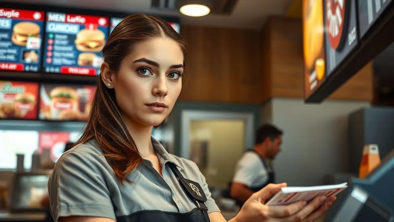 A woman updating the menu at a fast food restaurant.