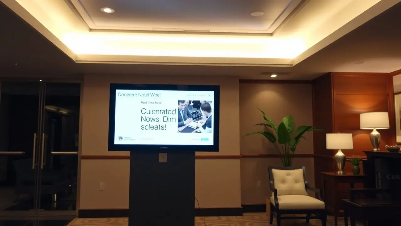 A digital signage display in a hotel lobby shows real-time updates. A digital signage display in a hotel lobby shows real-time updates.